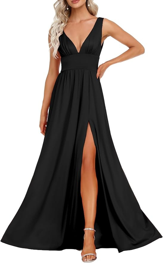 Ever-Pretty Women's Summer V-Neck Sleeveless Formal Wedding Guest Dress Side Slit Floor Length Br... | Amazon (US)