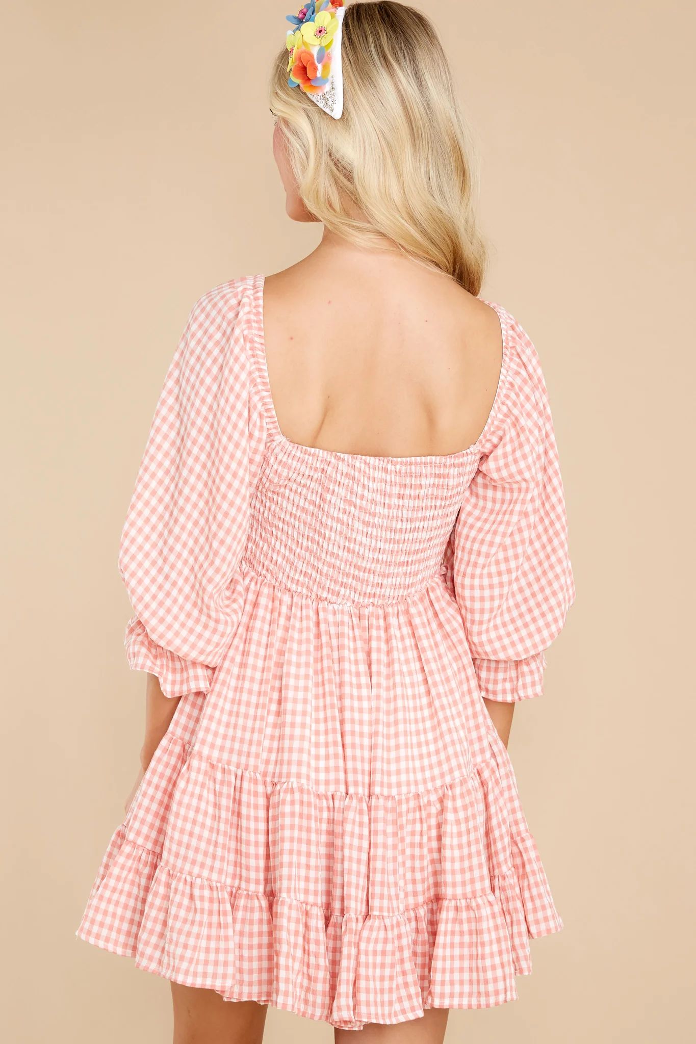 New Sights Dusty Coral Gingham Dress | Red Dress 