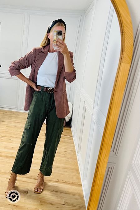 A favorite look
Plaid blazer
Fitted tee
Added a belt and faux leather headband 
Cargo pants
Ankle strap heels
All affordable and cute 🤩

#LTKunder50 #LTKworkwear #LTKBacktoSchool