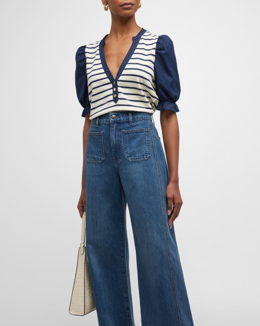 Veronica Beard Jeans Raegan Stripe Puff-Sleeve Top | Neiman Marcus