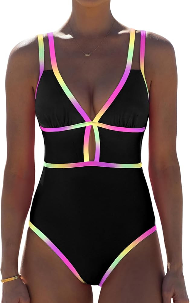 popvil Women One Piece Swimsuit 2026 Tummy Control Sexy Cutout Neon Color Block Bathing Suit Slim... | Amazon (US)