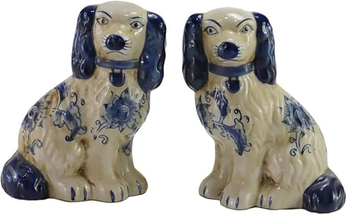 Hand Painted Blue and White Porcelain Dog Pair of Small Figurines Home Décor | Amazon (US)