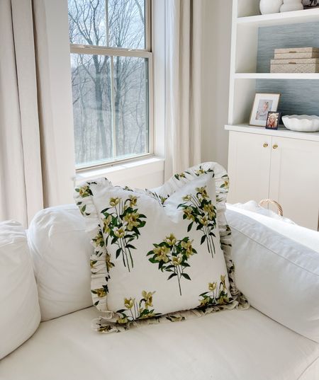 Floral pillow with ruffles - English countryside inspired home decor - Nancy Meyers inspired home decor - white sofa 

#LTKhome #LTKover40 #LTKfindsunder100