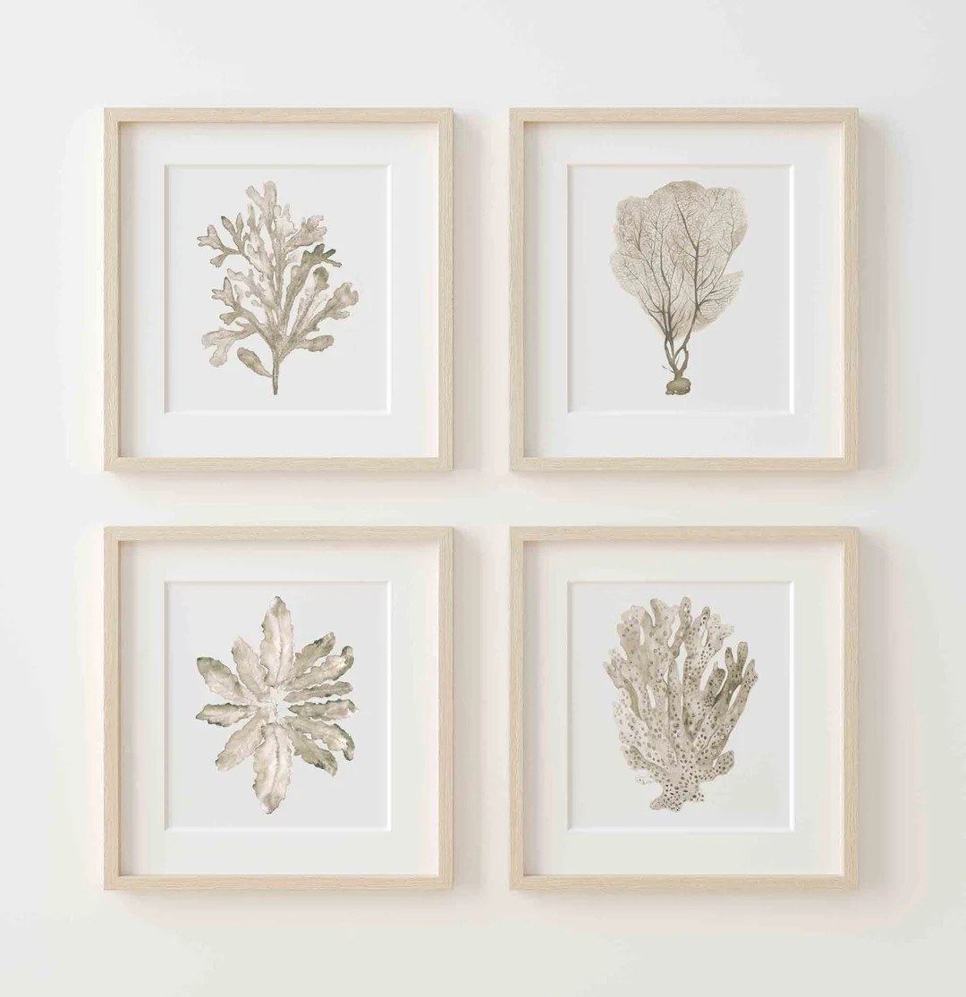 Minimalist Boho Wall Art Beige Coral Print Set of 4, Coastal Nautical Botanical Artwork, Neutral ... | Etsy (US)
