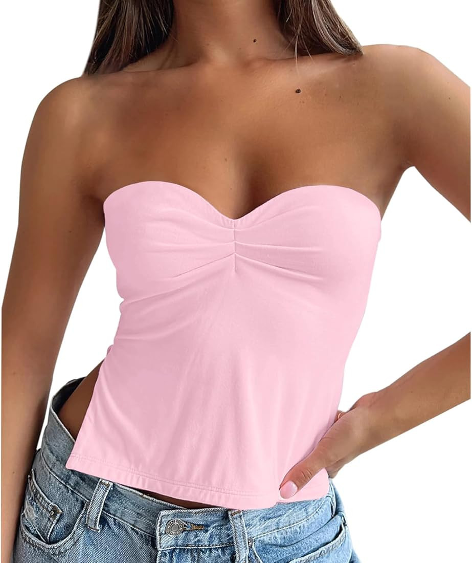 GRABLOOM Women’s Strapless Sweetheart Bandeau Y2K Tube Top Sleeveless Slits Pleated Bustier Sexy Sum | Amazon (US)
