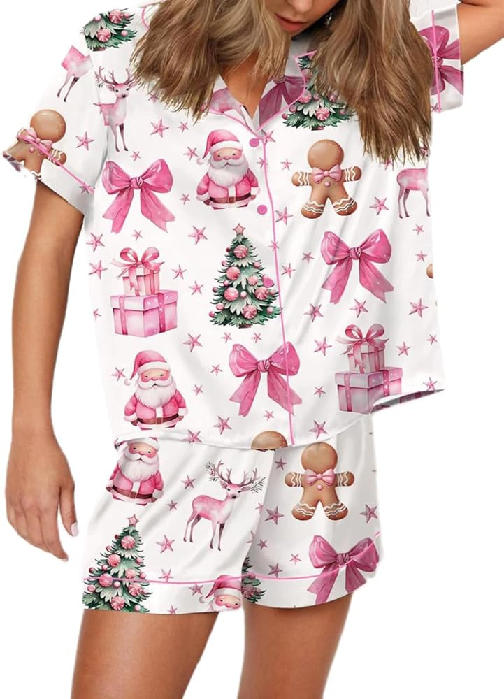 Juakoso Women Christmas Pajamas Short Sets Trendy Print Button Down Lounge Sets Slik Satin 2 Piec... | Amazon (US)