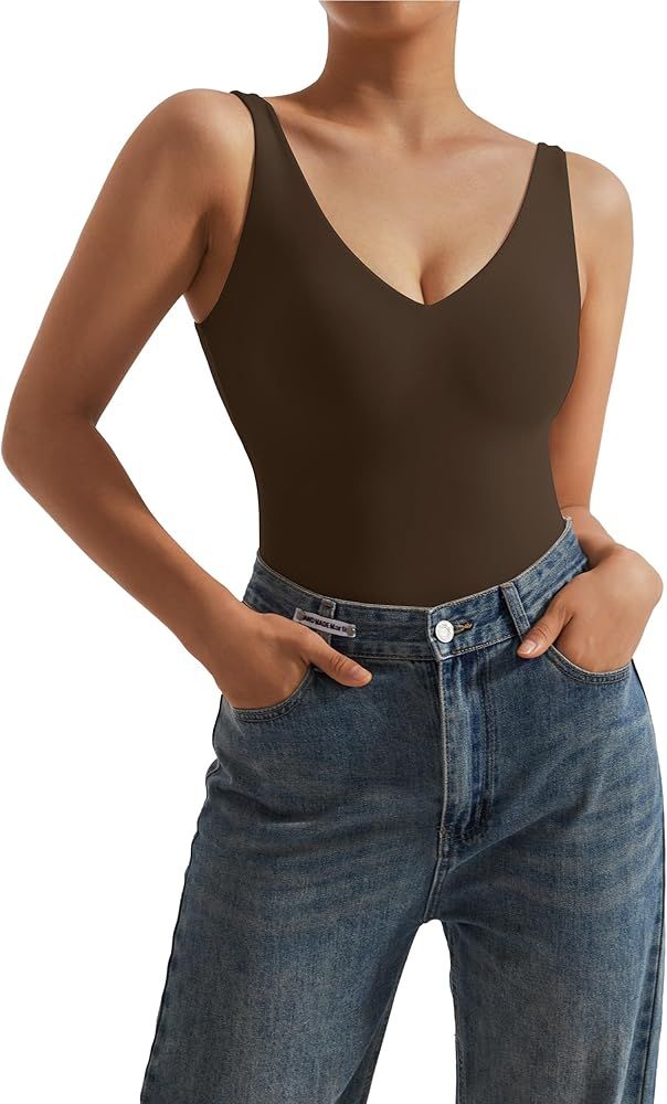 MOSHENGQI Women Sexy V Neck Bodysuit Backless Sleeveless Tank Tops Thong Body Suits | Amazon (US)