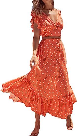 LYANER Women's Boho 2 Piece Outfits Polka Dots V Neck Crop Top and Elastic Waist Skirt Sets | Amazon (US)