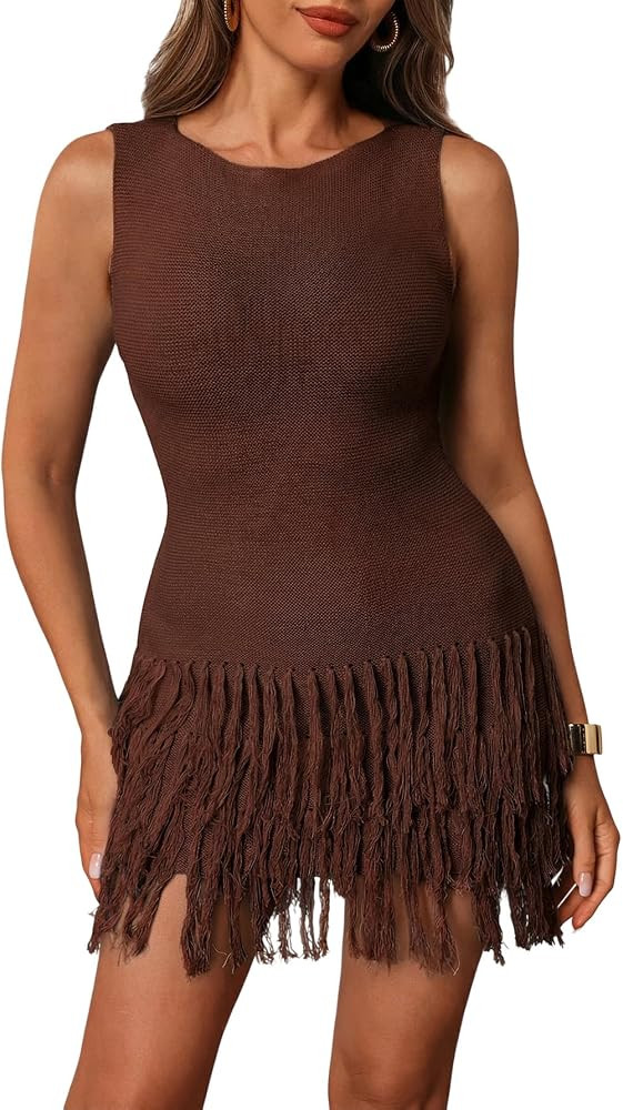 Women's Fringe Sleeveless Mini Dress Crew Neck Bodycon Knit Dresses | Amazon (US)
