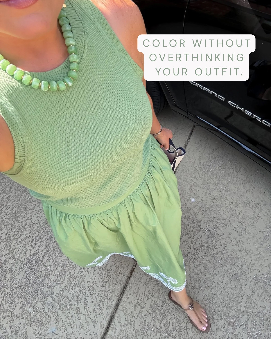 ✨ Sizing: tank and skirt small!

An easy way to wear color without overthinking your outfit. The ribbed tank and flowy skirt create a flattering silhouette that's comfortable enough for everyday while still feeling elevated.

SEO: green tank outfit, midi skirt outfit, colorful summer outfit, casual chic, feminine style