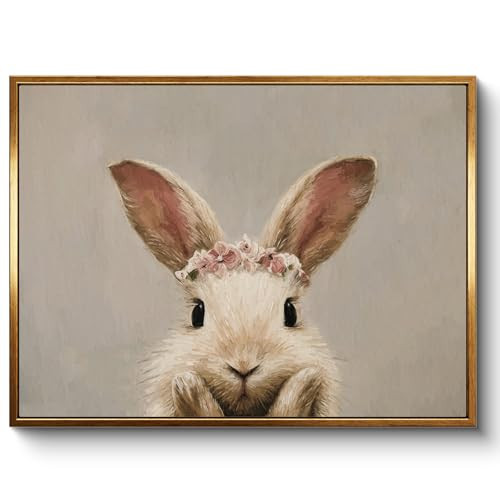 InSimSea Golden Framed Rabbit Wall Decor, Easter Bunny with Floral Crown Canvas Wall Art, Bunny Rabbit Flower Crown Nursery Botanical Print Picture for Farmhouse Cottagecore Woodland Room 12"x16" | Amazon (US)