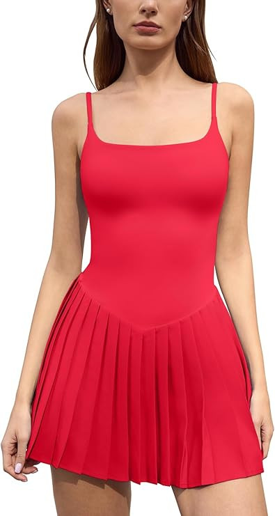 QINSEN Square Neck Adjustable Straps Pleated Tennis Dress for Women Built-in Shorts with Pocket A... | Amazon (US)