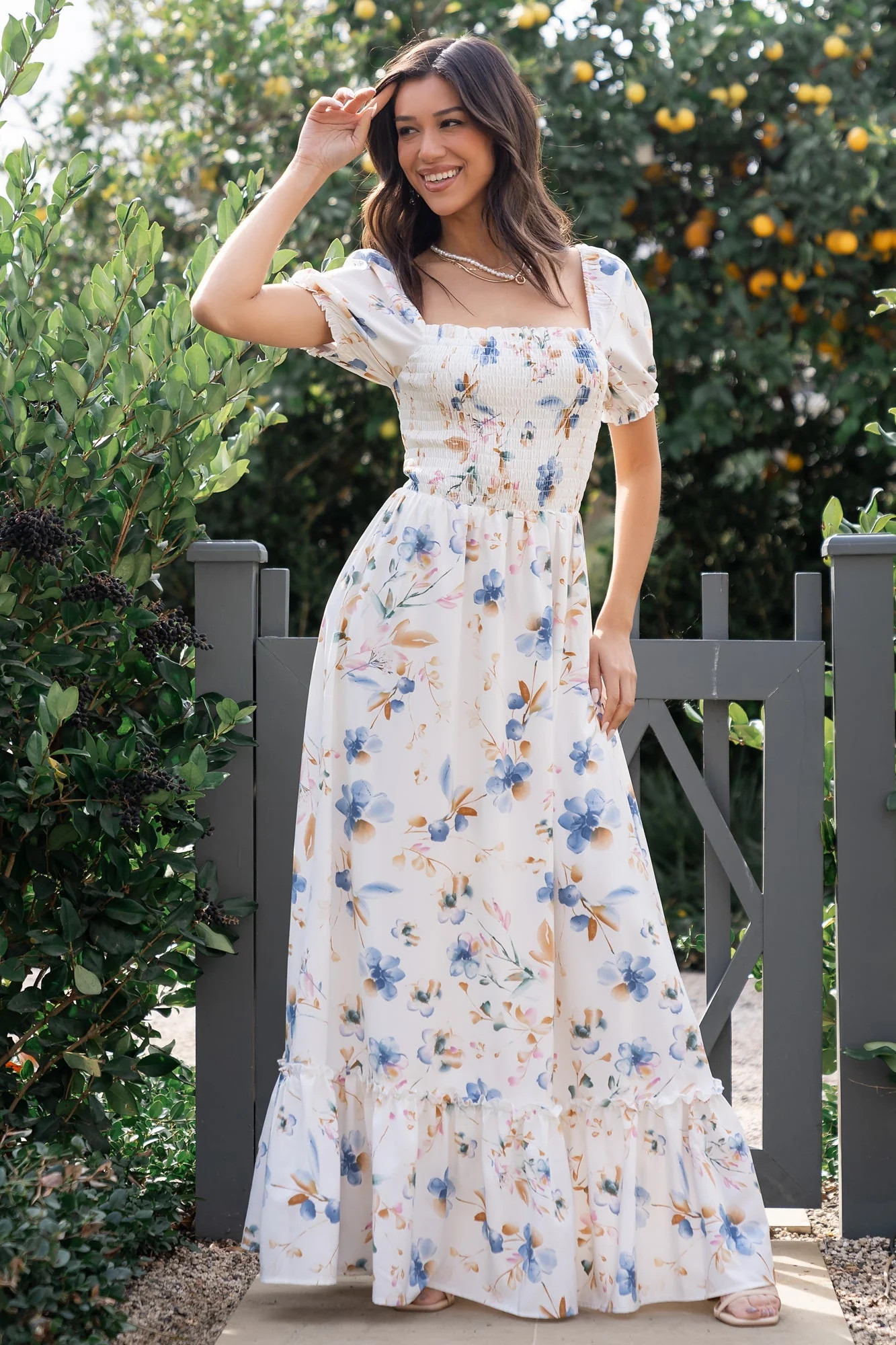 Capri Smocked Maxi Dress | White Multi Print | Baltic Born