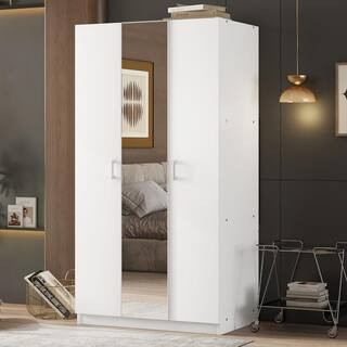 White Wood 35.4 in. Armoire with Mirror and Hanging Rod 3 Door Wardrobe Closet with 3 Fixed Shelves Storage Cabinet | The Home Depot