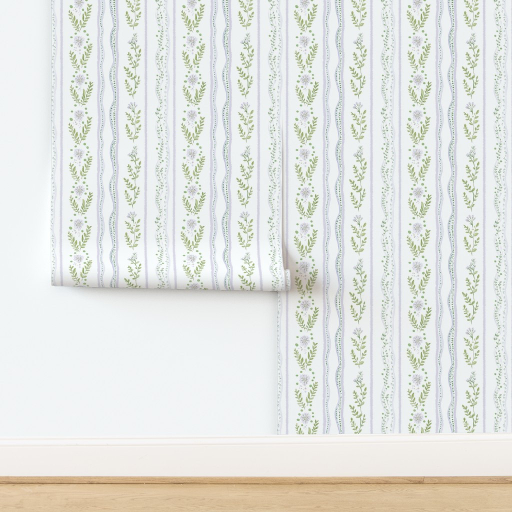 Wallpaper in blossom stripe purple lavender green on white - floral dots girl nursery | Spoonflower