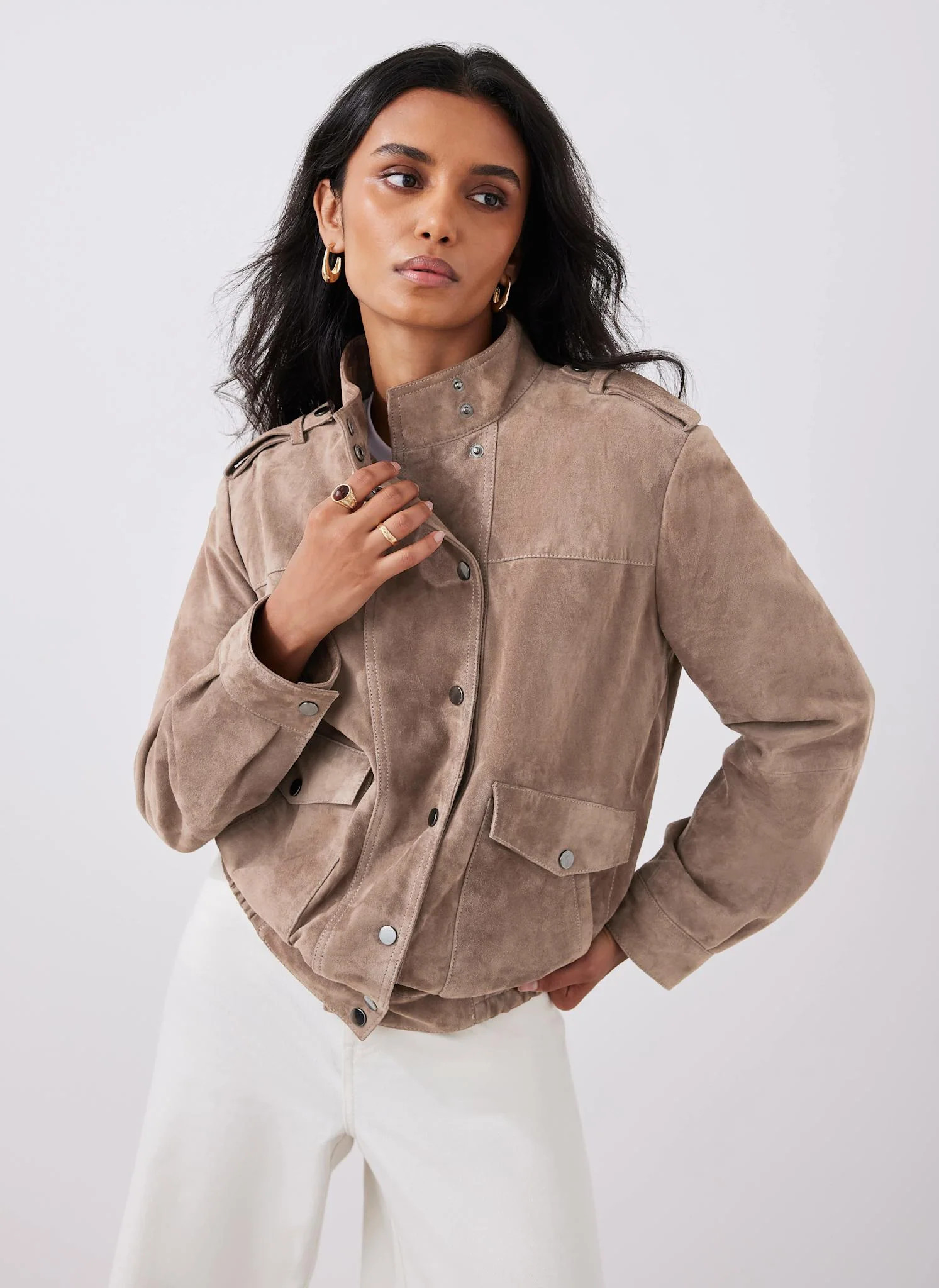 Neutral Suede Bomber Jacket | Mint Velvet