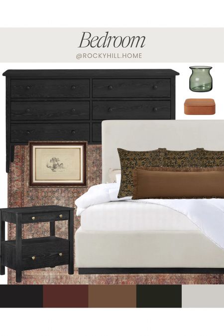 Bedroom mood board, primary bedroom, guest room, warm & moody bedroom design, red rug, ruffle pillow, dresser, nightstand, upholstered bed 

#LTKhome #LTKstyletip