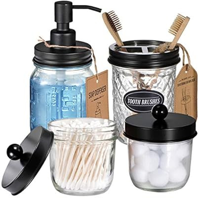 Mason Jar Bathroom Accessories Set(4 Pcs) -Lotion Soap Dispenser &Cotton Swab Holder Set &Toothbr... | Amazon (US)