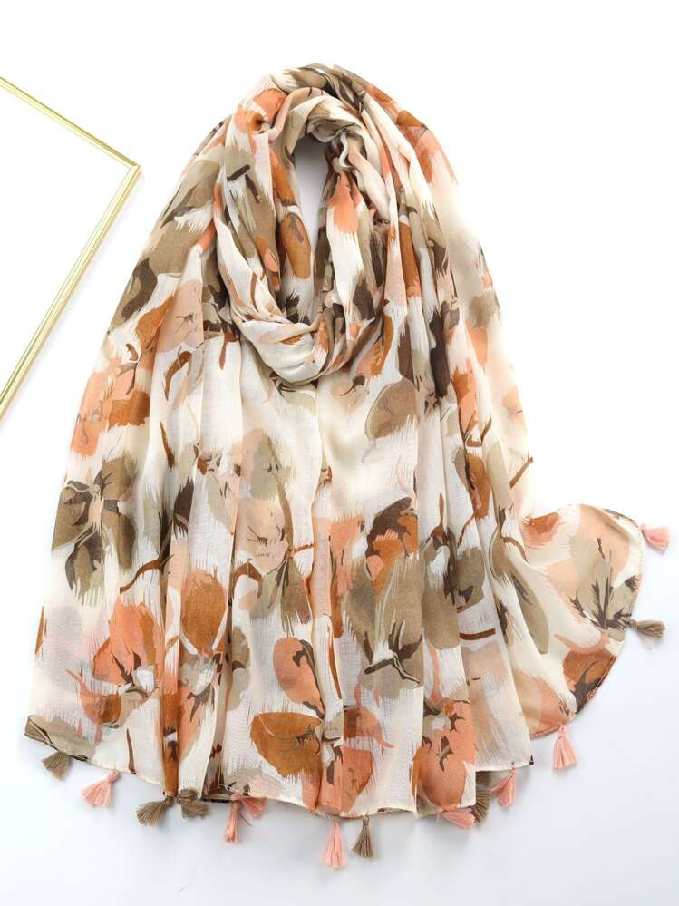1pc Tassel Butterfly And Flower Pattern Printed Scarf Elegant | SHEIN