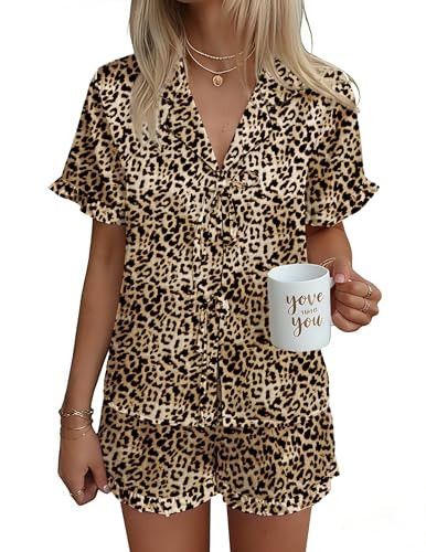Ekouaer Satin Pajama for Women Short Sleeve Silky Pj Short Set Bow Front Tie Up Loungewear Sleepwear Leopard | Amazon (US)