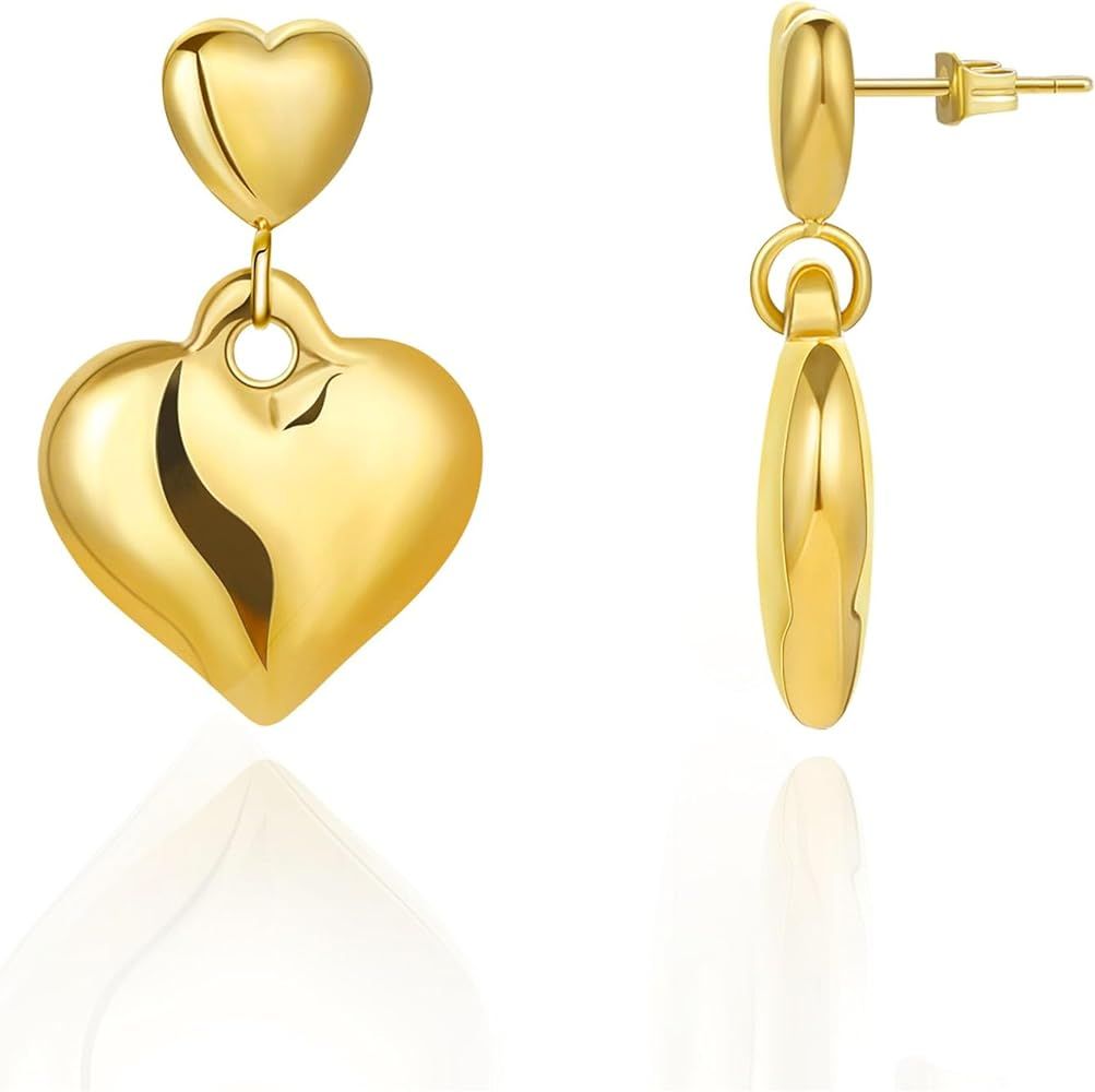 Puffy Heart Earrings 18k Gold Heart Earrings Chunky Heart Earrings Stud Trendy Statement Heart Sh... | Amazon (US)