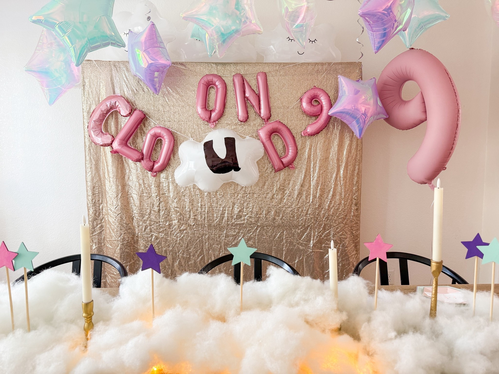 On Cloud 9
9th birthday party
I tagged what we used for the balloon letters but the “u” popped so we improvised with a cloud u. 

#LTKKids