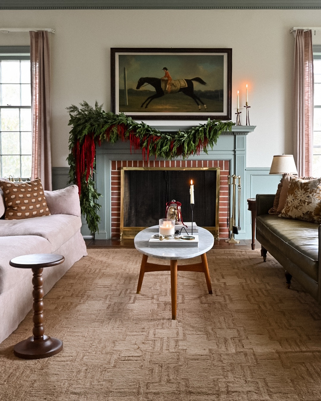 Holiday Mantle Garland… here’s what I used:
• four 5 foot Norfolk Pine Garlands
• one thick 88” long cedar garland
• one eucalyptus garland
• 8 preserved amaranth stems

#LTKSeasonal #LTKHome #LTKHoliday