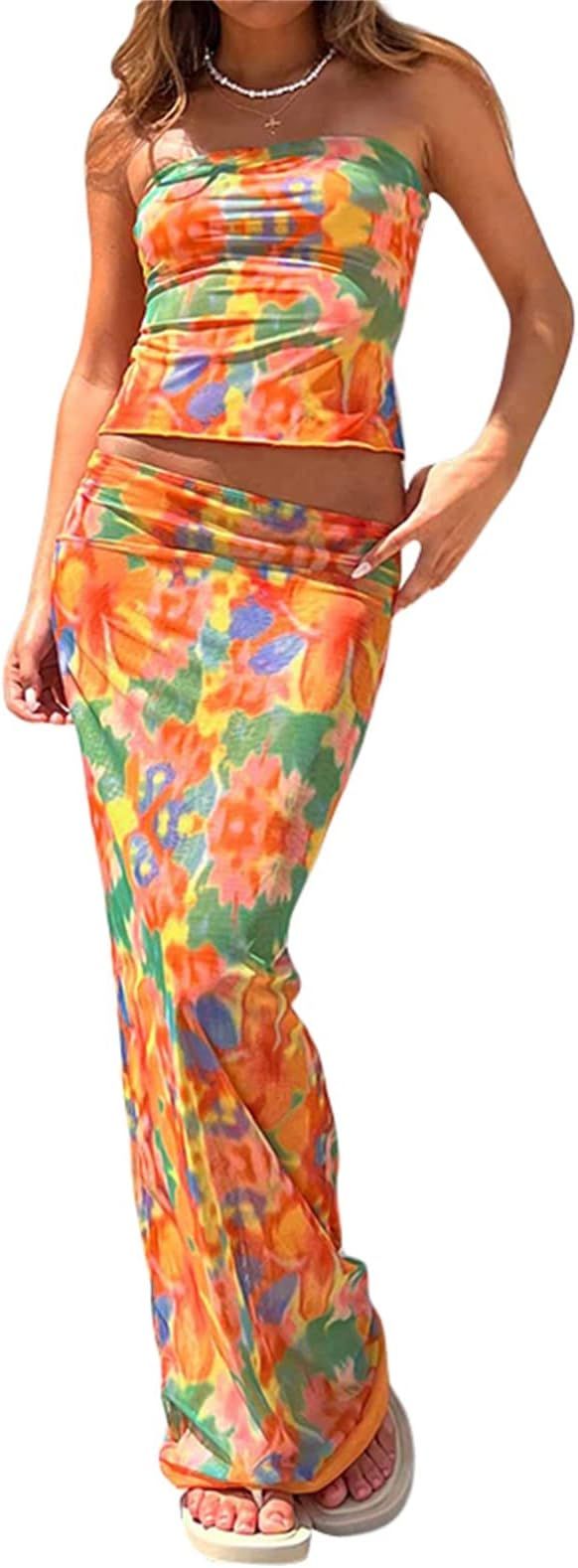 Women 2 Piece Long Skirt Set Floral Strapless Tube Top and Bodycon Maxi Skirts Summer Vintage Str... | Amazon (US)