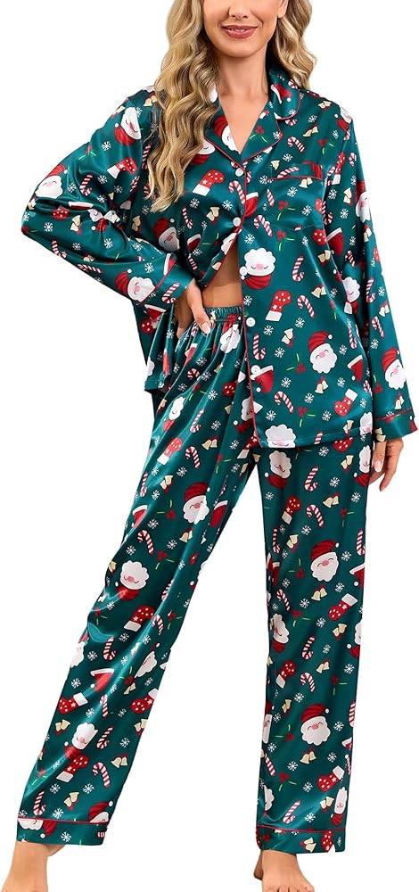 SWOMOG Womens Silk Satin Pajamas Set Long Sleeve Button Down Sleepwear 2 Piece Lounge Set Pj Set ... | Amazon (US)