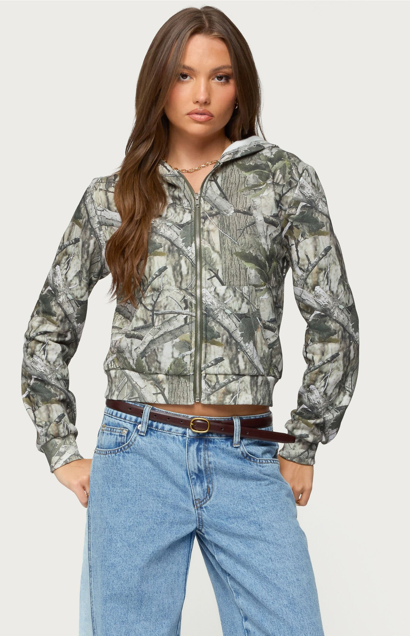 Edikted Women's Tayler Camo Zip Up Hoodie in Olive - Size XS | PacSun