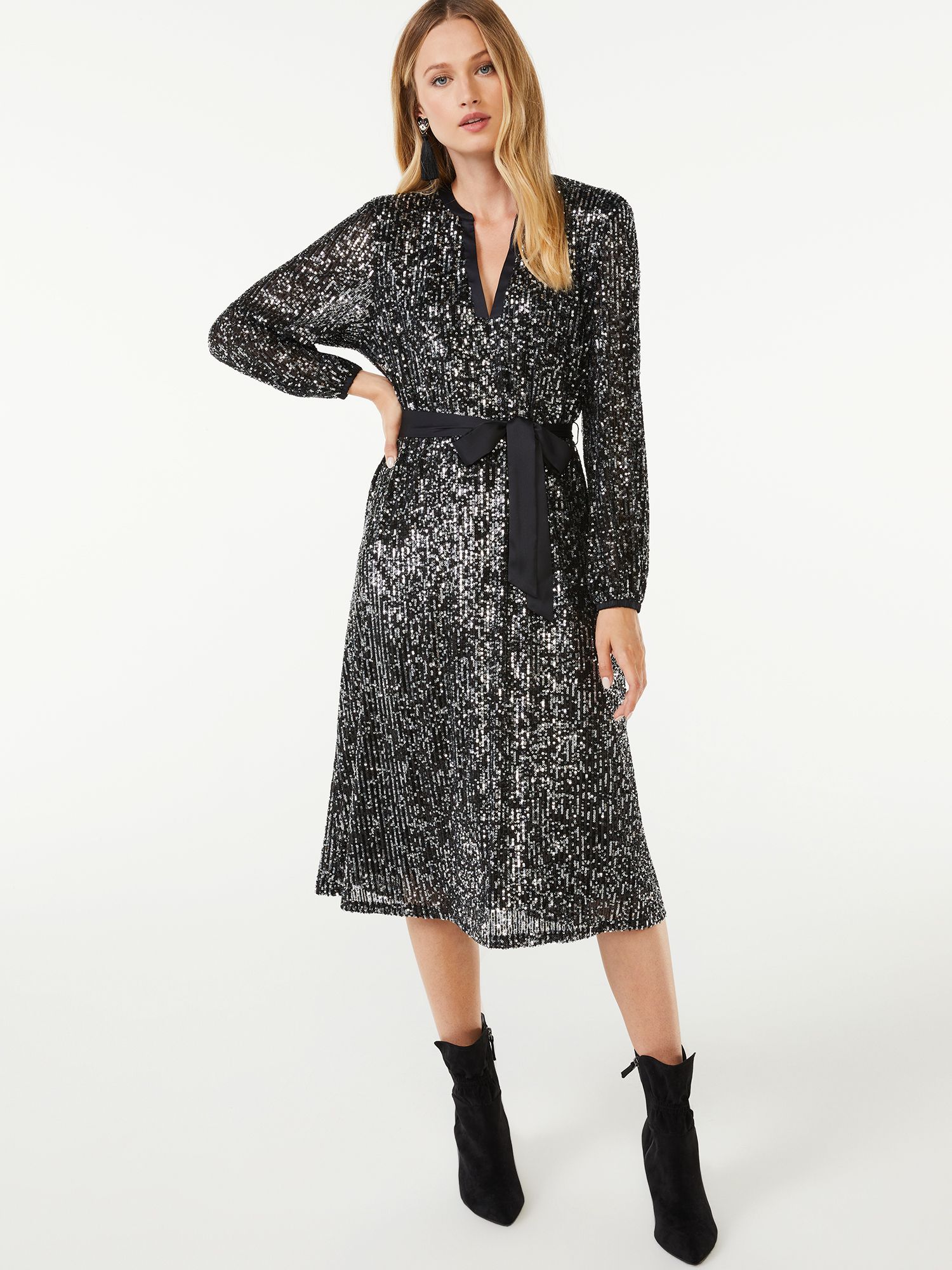 Scoop Women's Stretch Sequin Belted Midi Dress - Walmart.com | Walmart (US)