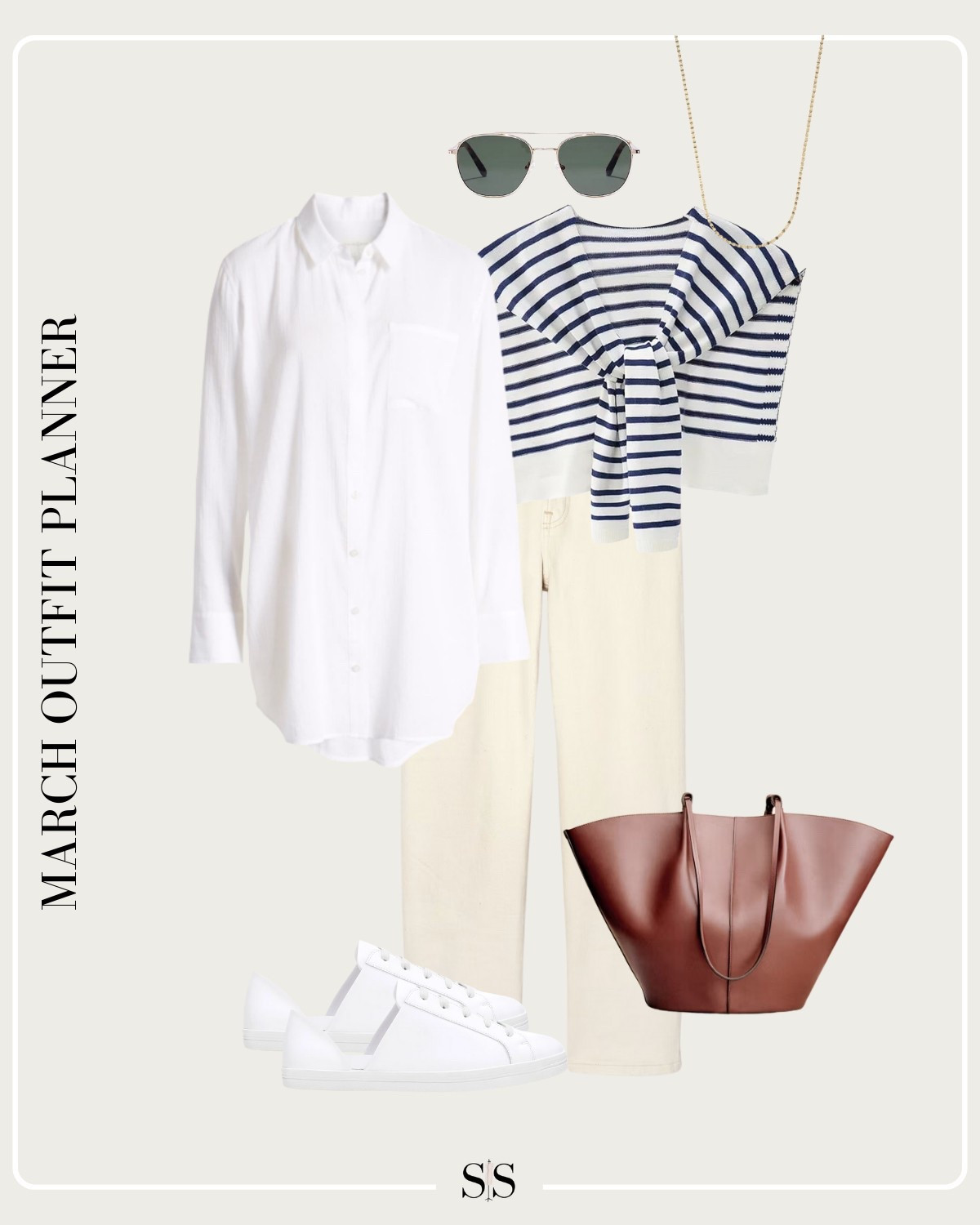 Monthly outfit planner MARCH: Winter to Spring transitional looks | oversized button down, striped sweater, ecru straight jean, d’orsay sneaker, leather tote 

#springoutfit #casualstyle #springfashion 


#LTKStyleTip