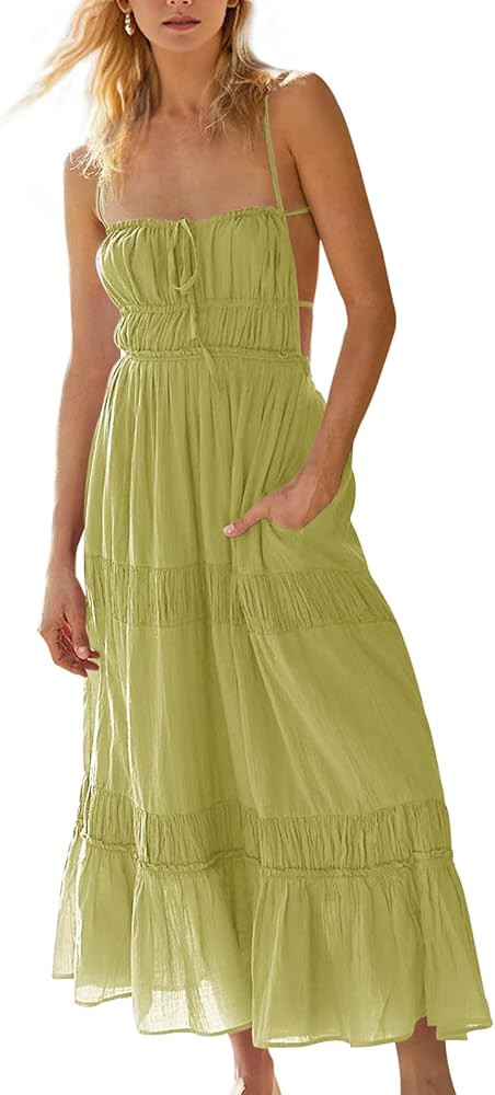 Wenrine Women's Summer Dresses Casual Long Spaghetti Straps Backless Self Tie Tiered Flowy Maxi D... | Amazon (US)