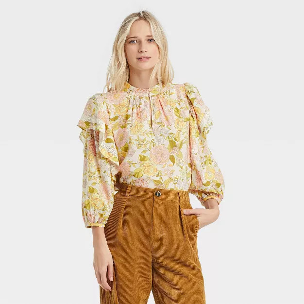 Women's Ruffle 3/4 Sleeve Lace Trim Blouse - Who What Wear™ Floral | Target