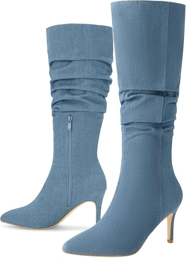 Allegra K Women's Pointed Toe Slouched Stiletto Heels Knee High Boots | Amazon (US)