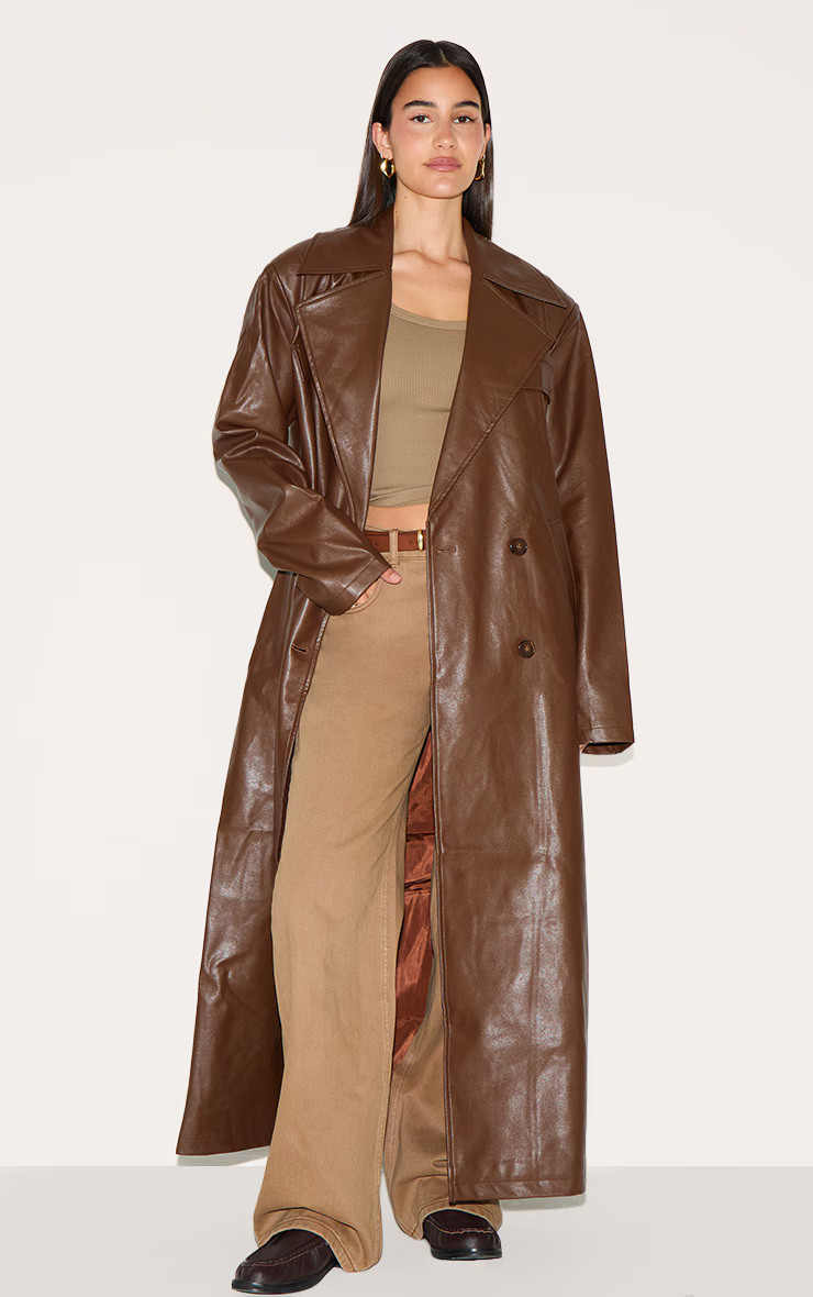 Chocolate Brown Oversized Faux Leather Maxi Trench | PrettyLittleThing US