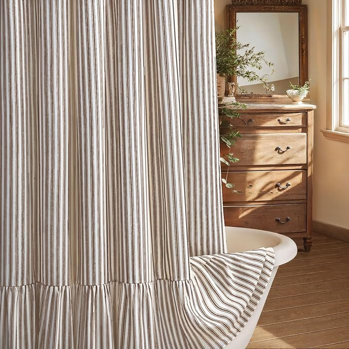 Farmhouse Shower Curtain Ruffle Linen Cream-Brown Stripe 72"W x 78"L | Amazon (US)