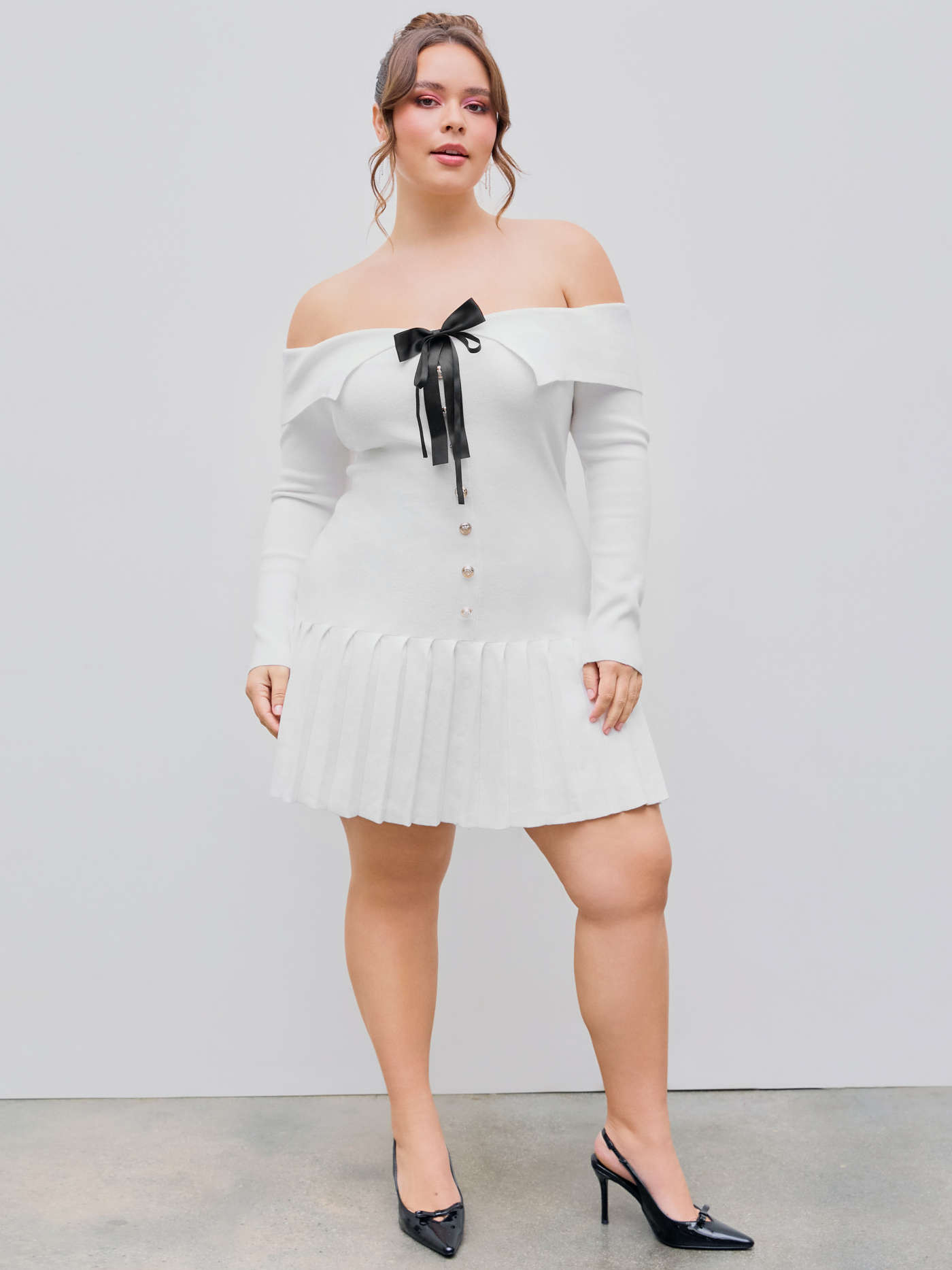 Off-shoulder Bowknot Pleated Knitted Mini Dress Curve & Plus | Cider