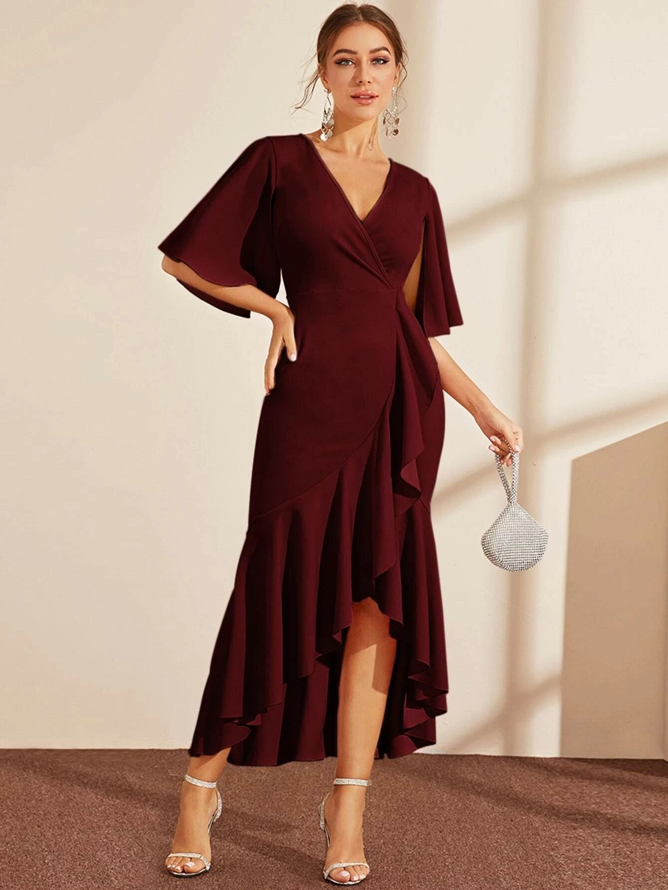 SHEIN Cape Sleeve Ruffle Trim Asymmetrical Hem Wrap Dress | SHEIN