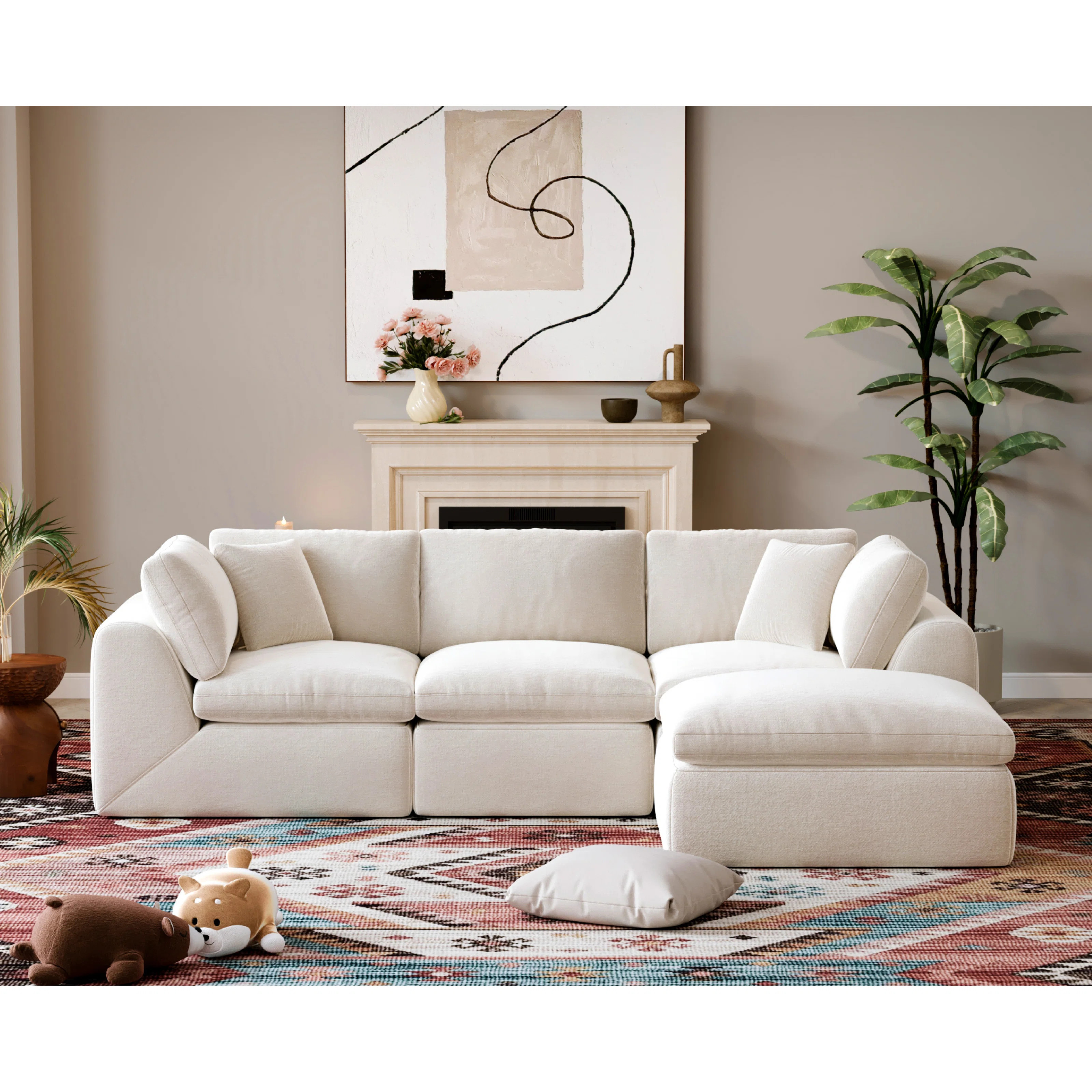 L-Shape 4-Seat Sectional Sofa With Ottoman, 110" Wide, No-Assembly Cloud-Style Design, White | Wayfair North America