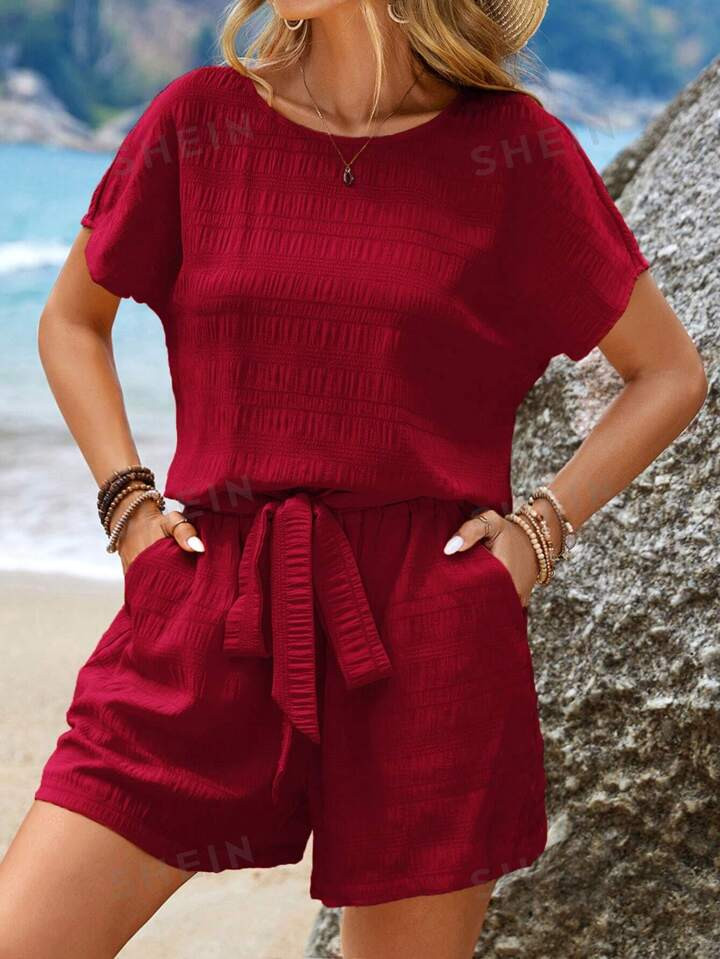 EMERY ROSE Women's Vacation Leisure Solid Color Batwing Sleeve Shirt And Shorts Set | SHEIN