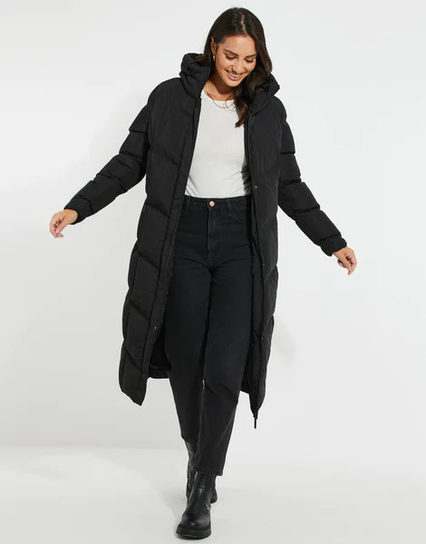 Women's Black Longline Padded Puffer Jacket | Threadbare