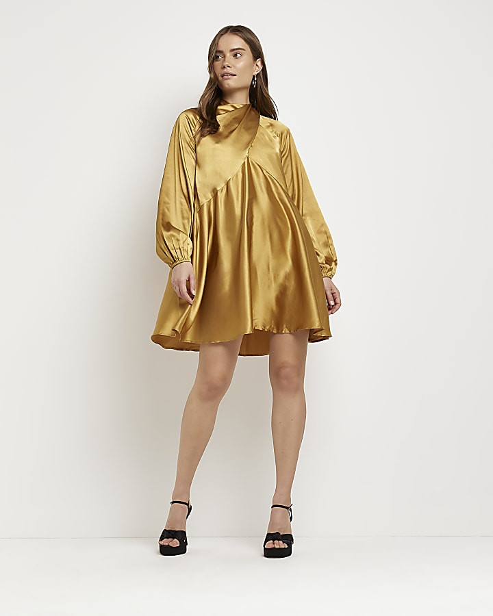 Gold satin wrap swing mini dress | River Island (US)