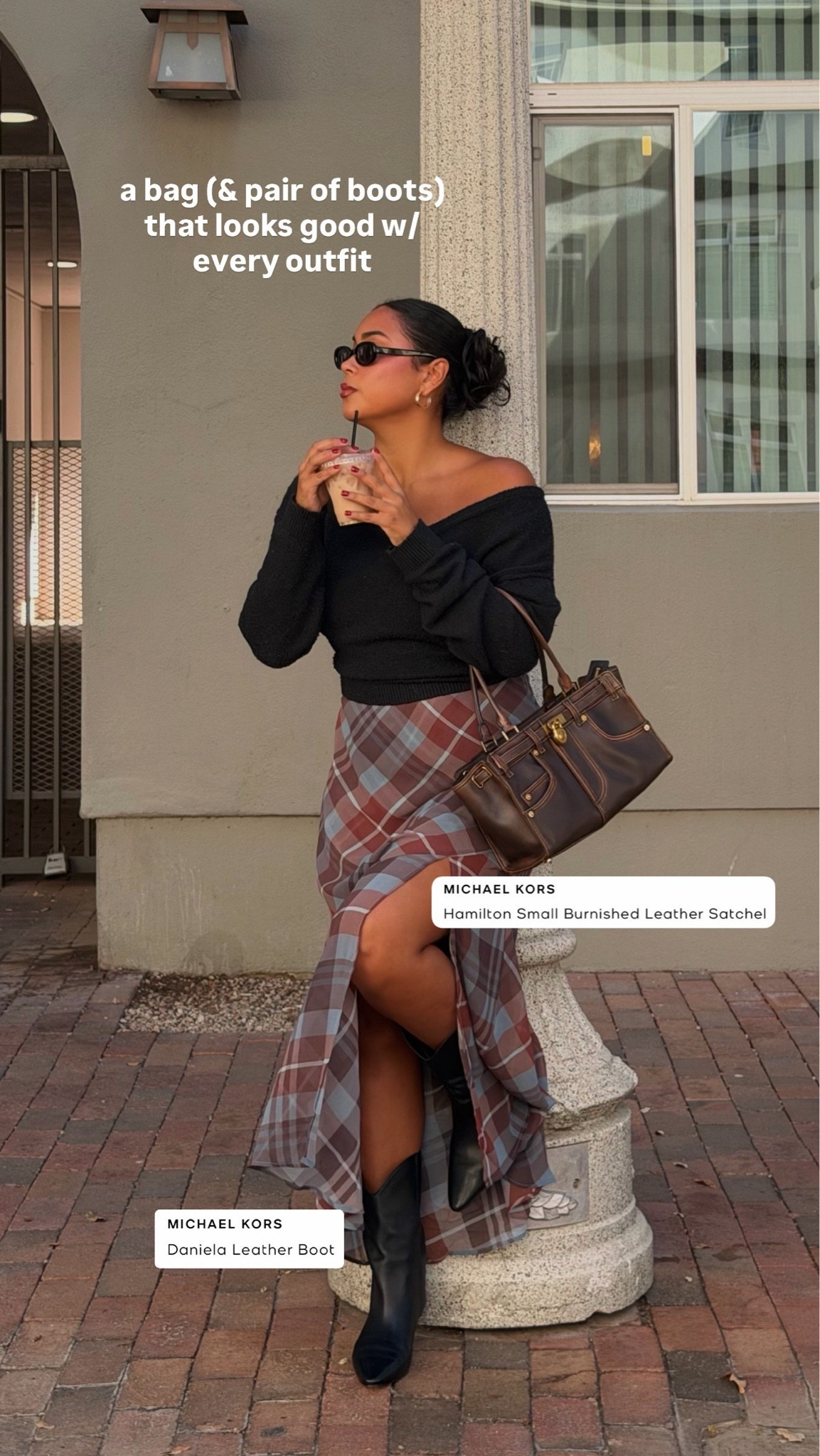 obsessed w/this Hamilton Small Burnished Leather Satchel bag from @Michael Kors US the coolest, unique look to it but is also a perfect staple bag in the closet🤎 the bag fits so much & is a statement piece. Linking some of my other favorite bags from them too! Boots are also MichaelKors & run true to size! #michaelkors #mkpartner @shop.ltk #liketkit https://liketk.it/6pKif
