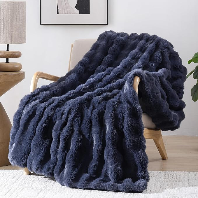 Faux Fur Throw Blanket for Couch - Navy Blue Super Soft Cozy Bubble Blanket, Fluffy Plush Fuzzy T... | Amazon (US)