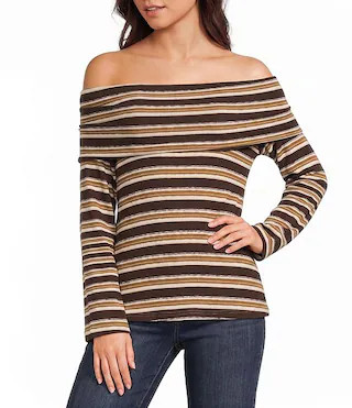 Striped Off-The-Shoulder Foldover Top | Dillard's