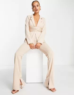 ASOS DESIGN glam jersey linen look suit pants with slit in oatmeal | ASOS (Global)