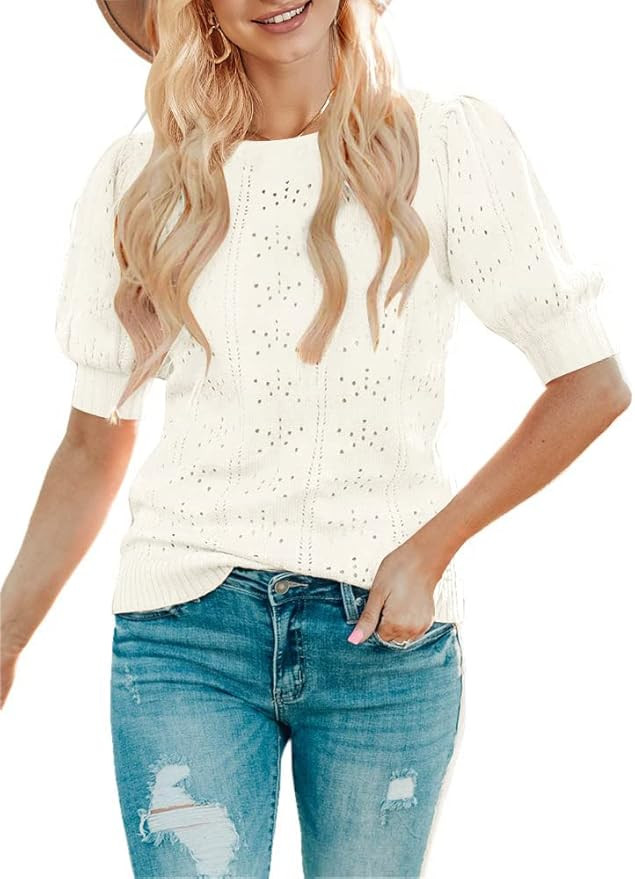 MEROKEETY Women's Puff Short Sleeve Sweater Tops Crew Neck Crochet Knit Soft Pullover Shirt | Amazon (US)