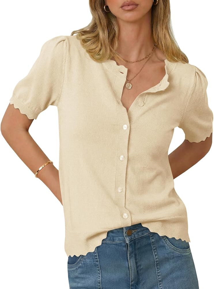 Saodimallsu Womens Puff Short Sleeve Cardigans Lightweight Button Down Shirts Crew Neck Casual Kn... | Amazon (US)