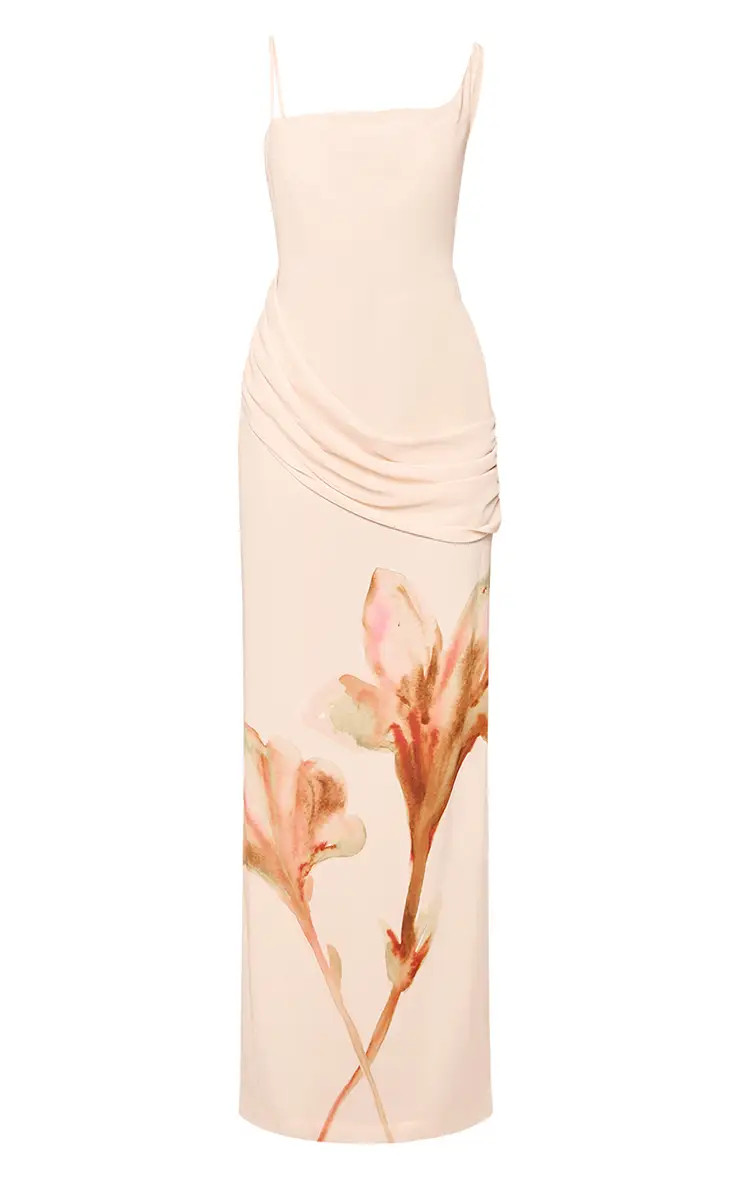 Cream Floral Print Bandeau Drape Detail Maxi Dress | PrettyLittleThing UK